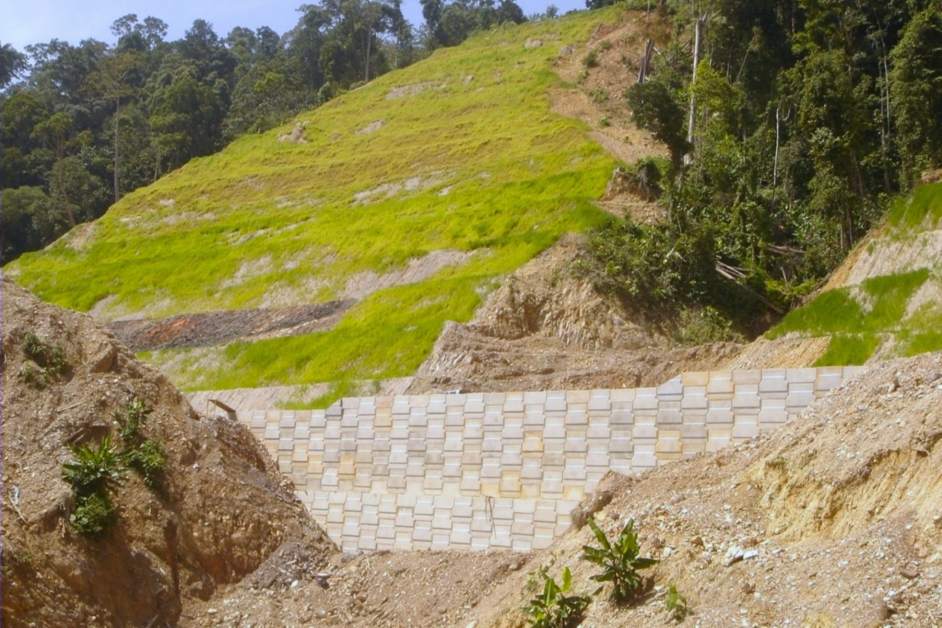 AnchorSOL wall stabilising a sloped hillside, creating a buildable platform