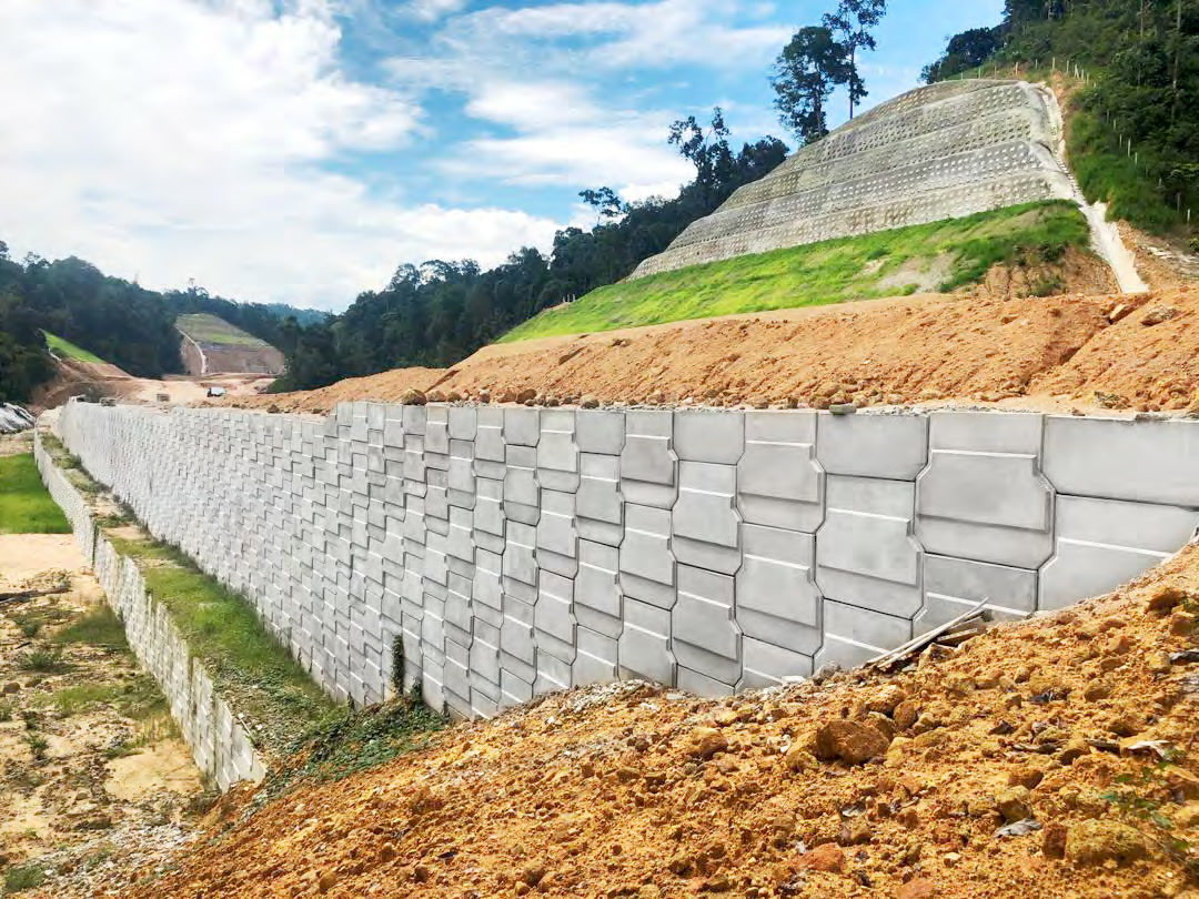 Hillside MSE wall under construction in Malaysian terrain